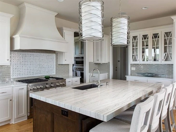 White Macaubas Quartzite counterop and table
